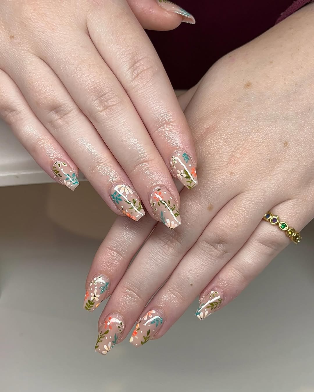 Nude Base with Delicate Floral and Leaf Art — Long Coffin Nails 2027