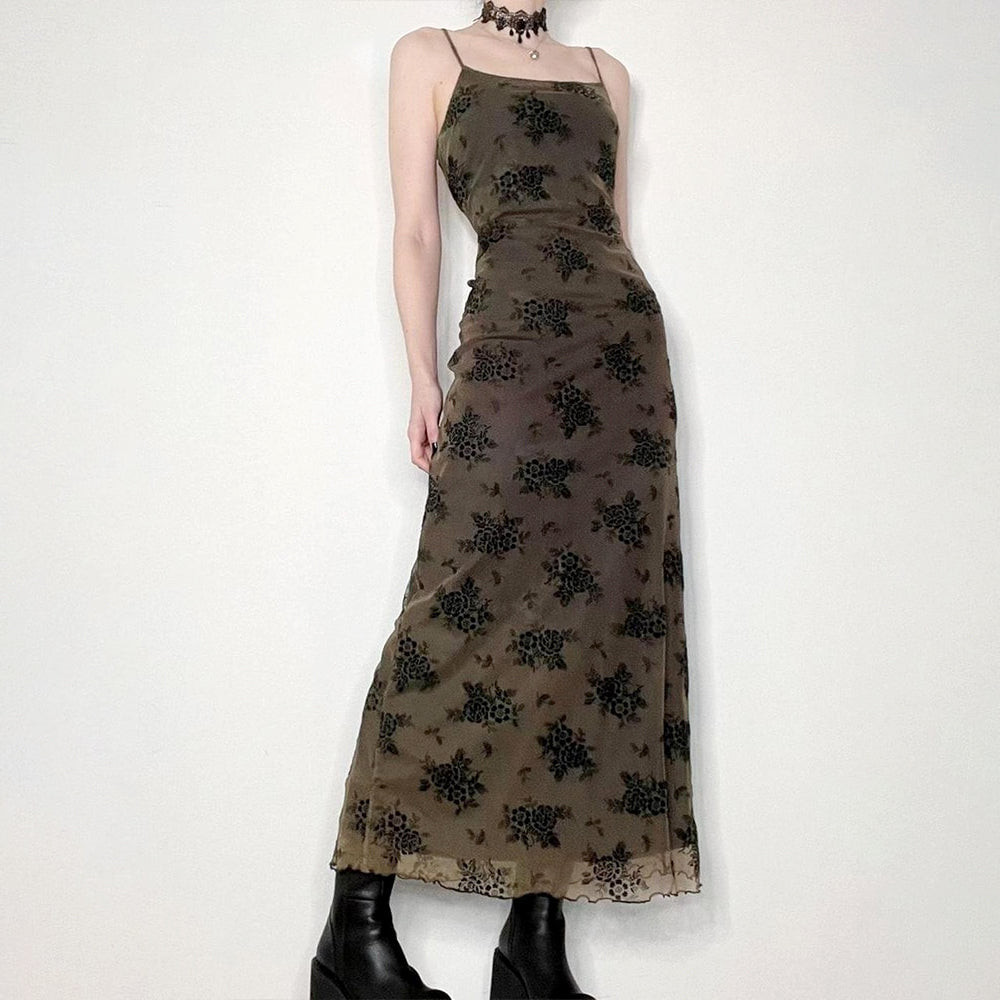 Floral Mesh Maxi: Olive Green Dress with Lettuce Hem Floral Mesh Maxi: Olive Green Dress with Lettuce Hem — Fairy Grunge Outfits 2027