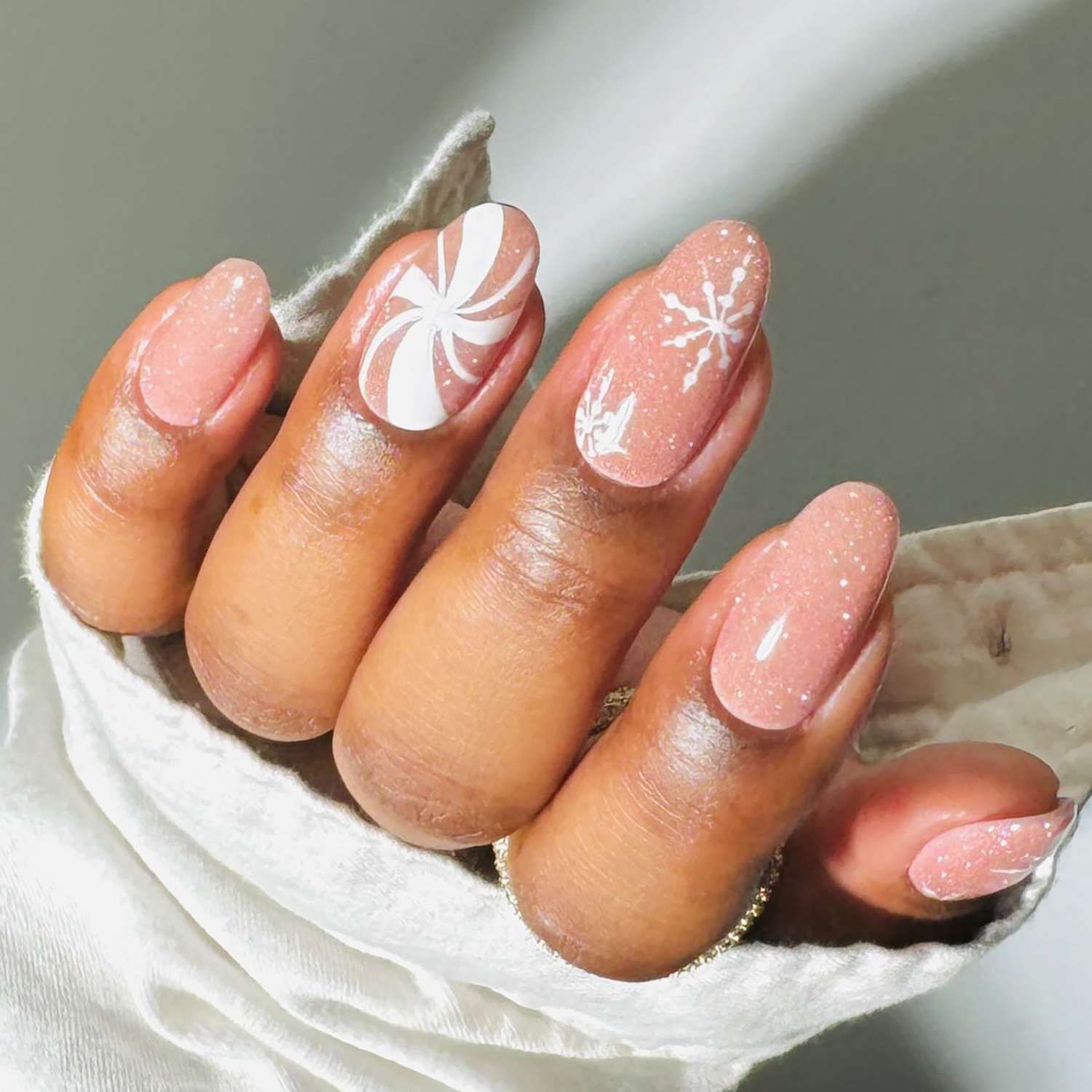 Pale Peach Glitter with Swirls and Snowflakes Pale Peach Glitter with Swirls and Snowflakes — Winter Formal Nails 2027