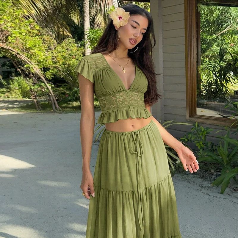 Olive Green Ruffled Crop Top and Tiered Maxi Skirt for Bohemian Summer Olive Green Ruffled Crop Top and Tiered Maxi Skirt for Bohemian Summer — Summer Two Piece Set Outfits 2027