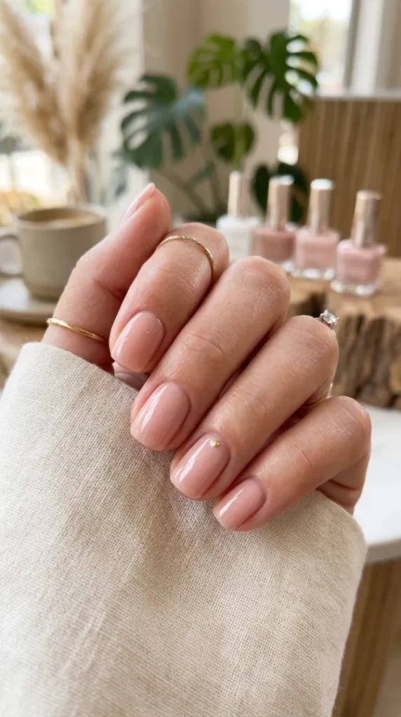Peach Nude with Gold Stud Short Square — Nude Summer Nails 2027