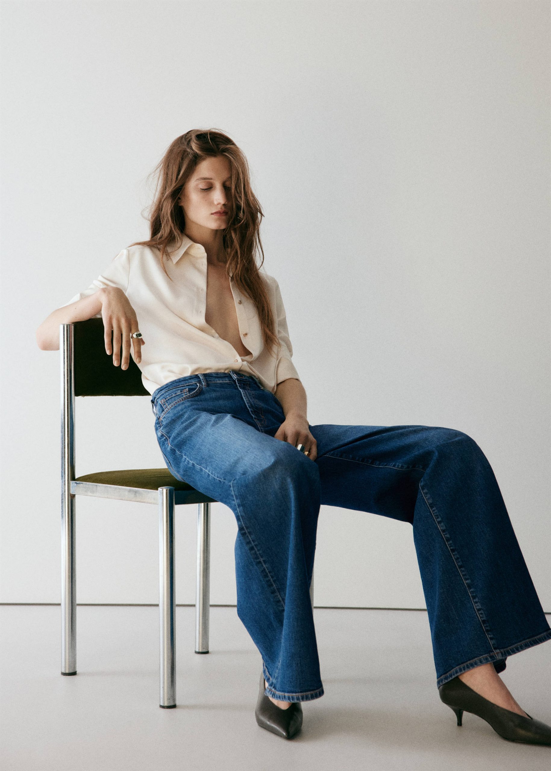 Elevated Casual: Dark Wash Wide Leg Jeans with Satin Shirt — Wide Leg Jeans 2027