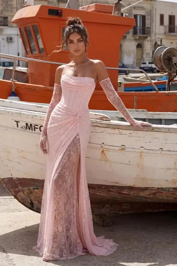 Pale Pink Strapless Mermaid Dress with Ruched Bodice and Lace Gloves Pale Pink Strapless Mermaid Dress with Ruched Bodice and Lace Gloves — Prom Dress 2027 with Gloves