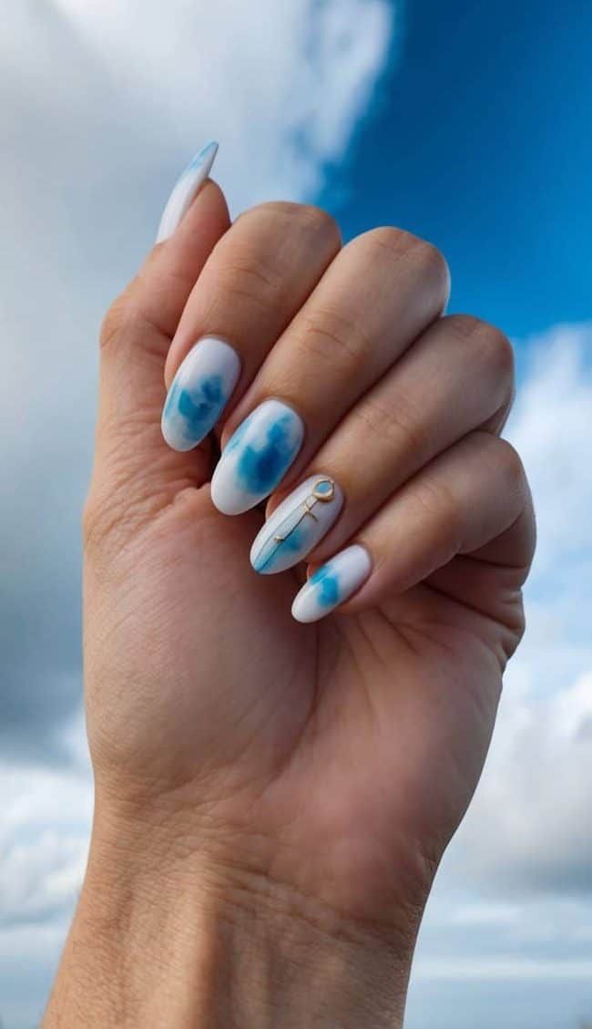 Medium Almond White Base Blue Gold Accent — Blue Watercolor Nails 2027
