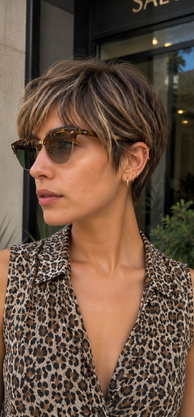 Bronzed Mocha Pixie With Honey Highlights Bronzed Mocha Pixie With Honey Highlights — Lowlights Pixie 2027