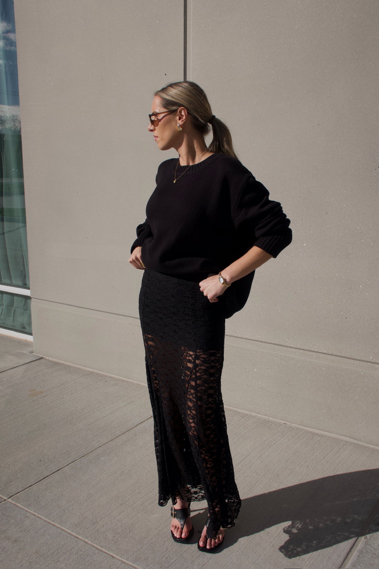 Effortless Monochrome: Black Lace Skirt with Oversized Sweater — Lace Skirt Outfits 2027