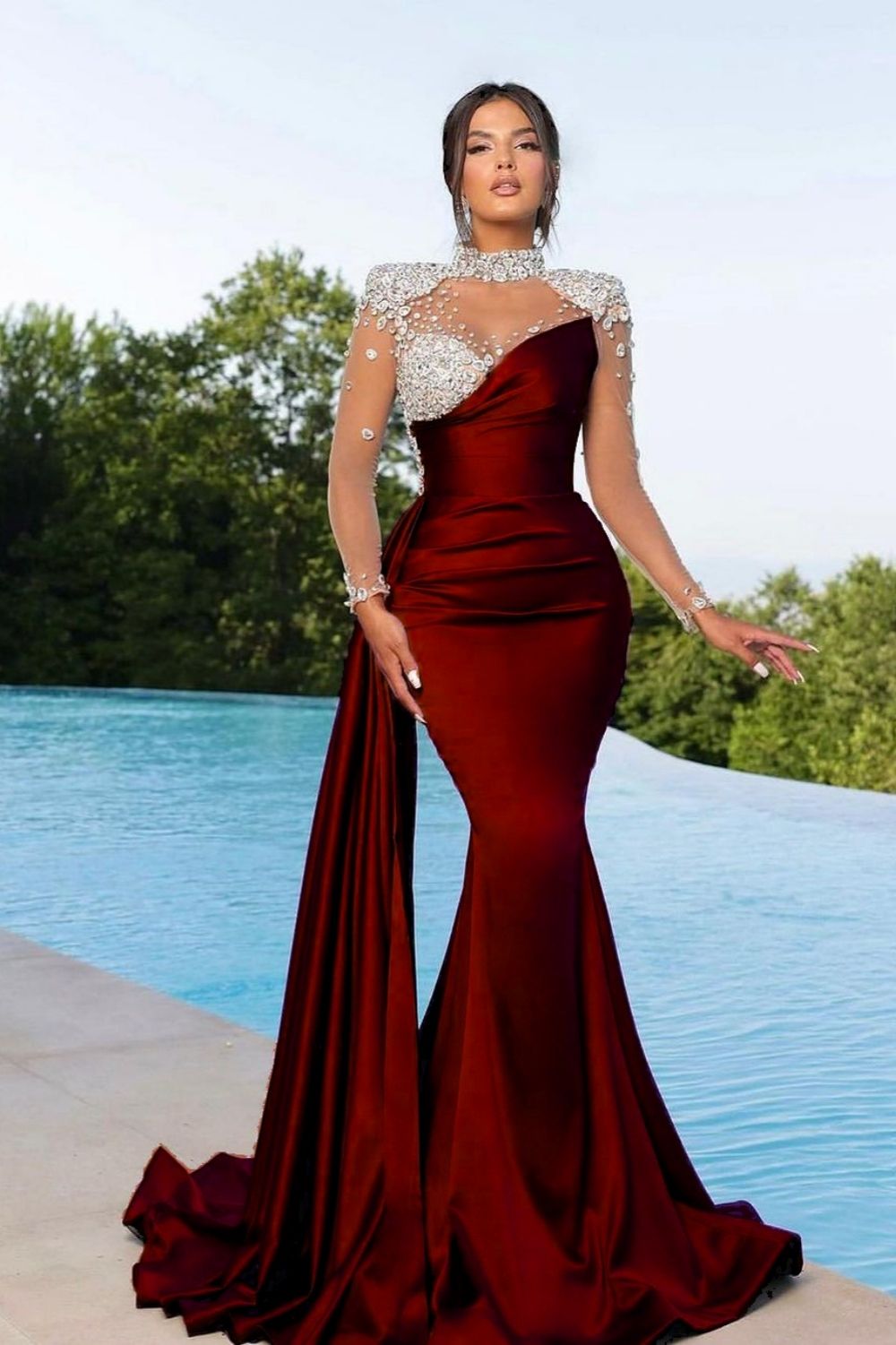 Deep Red Satin Mermaid Gown with Crystal Embellishments Deep Red Satin Mermaid Gown with Crystal Embellishments — Mermaid Gala Dress 2027