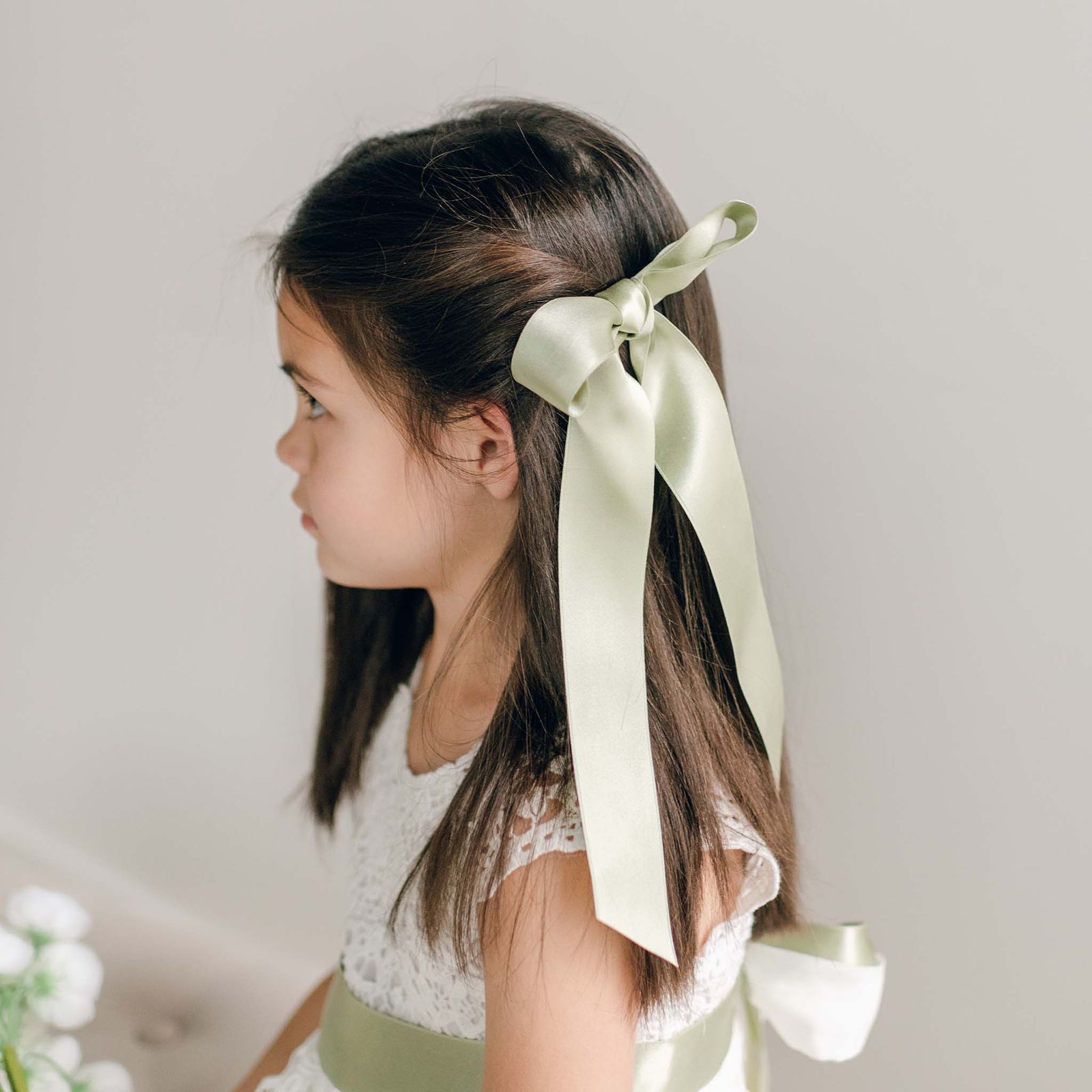 Shoulder Length Dark Brown Pale Green Bow — Ribbons Little Girl Hairstyles 2027