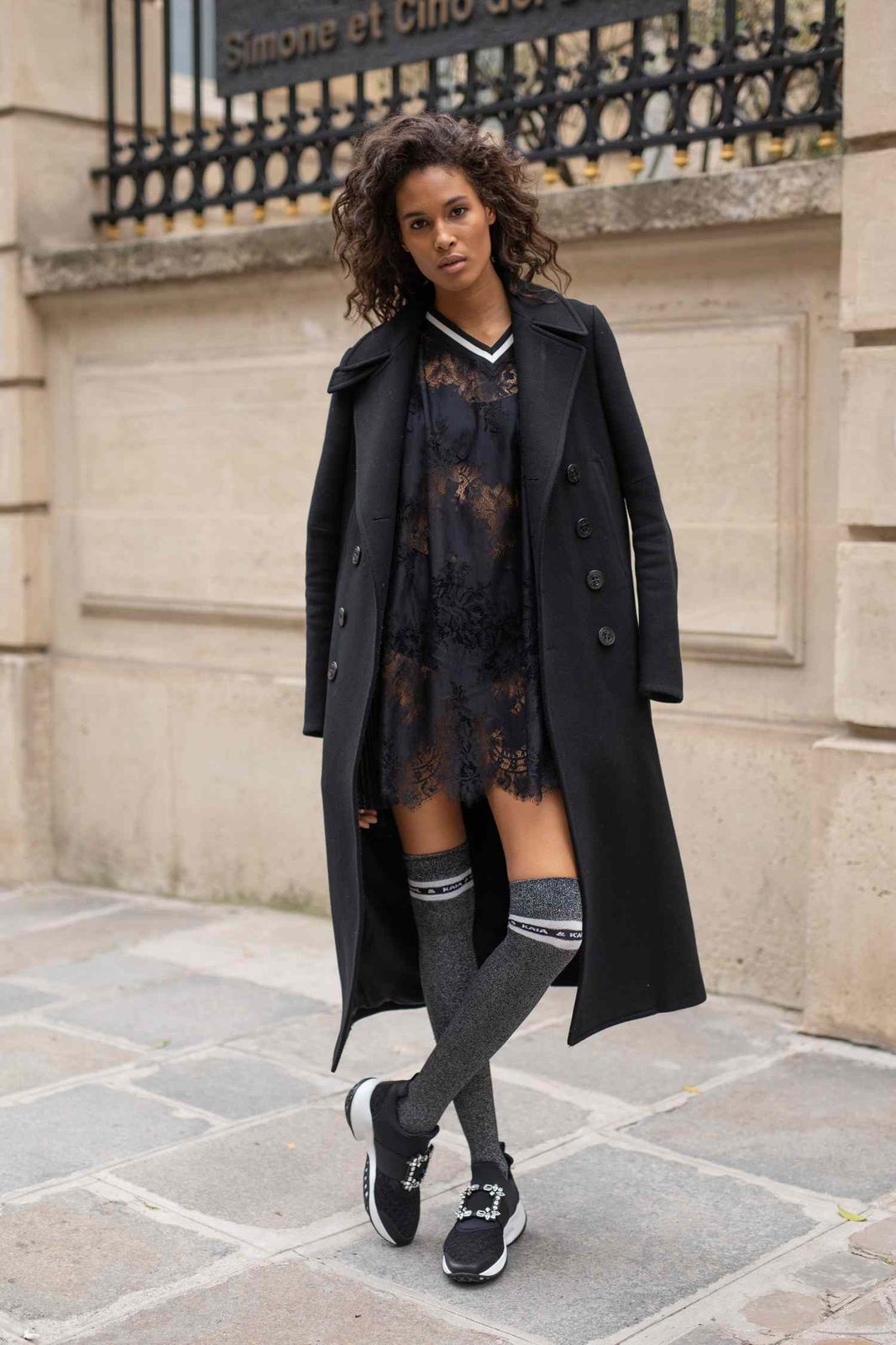 Black Lace Dress with Long Coat and Thigh-High Socks Black Lace Dress with Long Coat and Thigh-High Socks — Goth Lace Outfits 2027