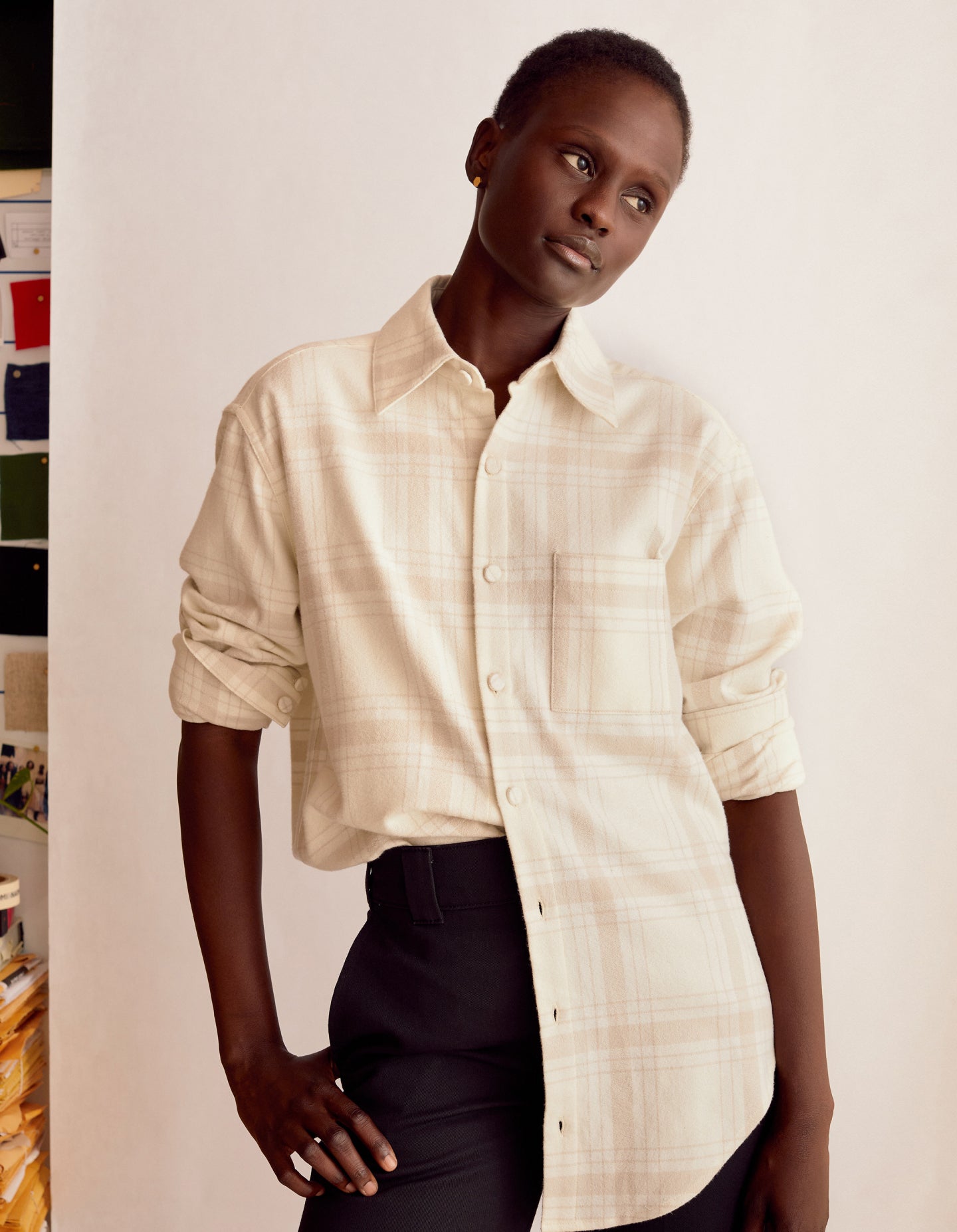 Minimalist Appeal: Oversized Cream Plaid Flannel with Black Trousers Minimalist Appeal: Oversized Cream Plaid Flannel with Black Trousers — Flannel Outfits 2027