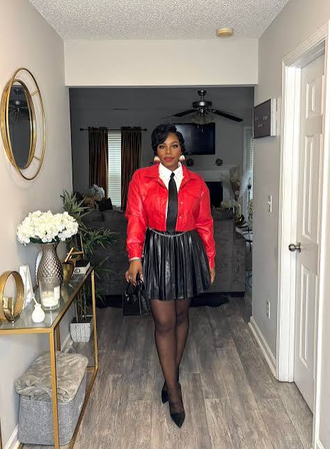 Red Leather Jacket Over White Shirt and Black Skirt Red Leather Jacket Over White Shirt and Black Skirt — Galentines Outfits 2027