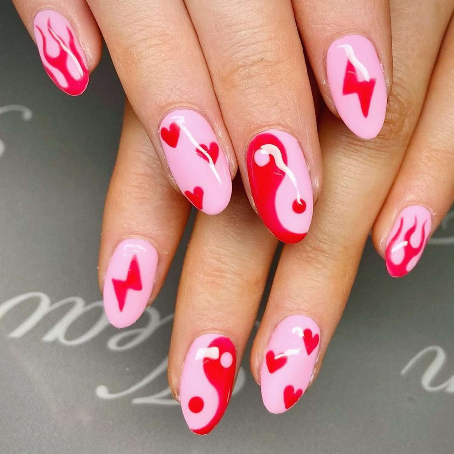 Playful Pale Pink with Red Motifs Playful Pale Pink with Red Motifs — Mismatched Heart Nails 2027