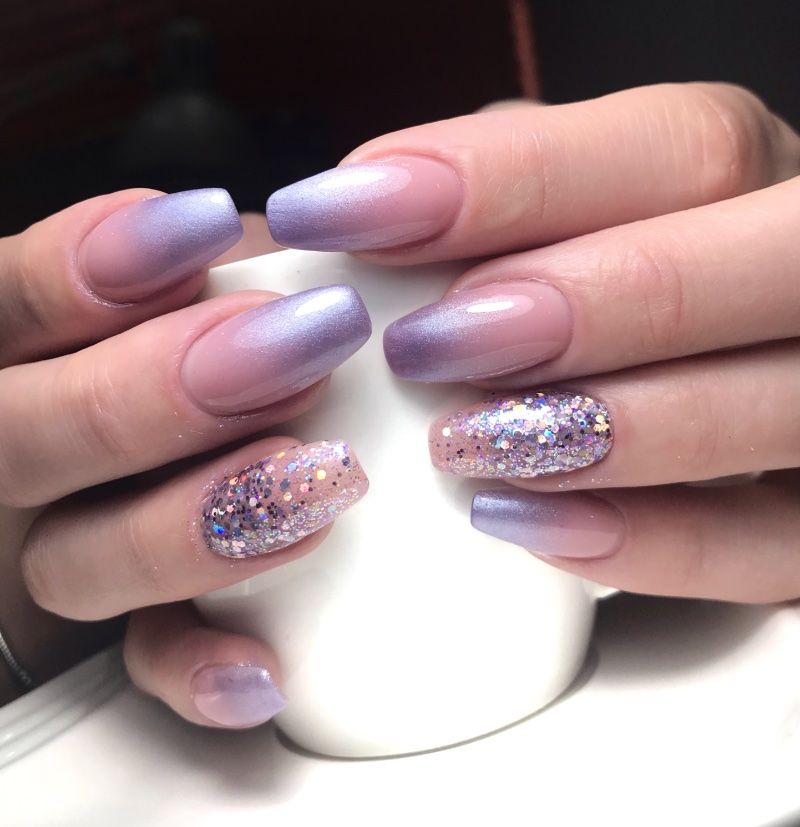 Medium Coffin Ombre with Chunky Holographic Glitter Medium Coffin Ombre with Chunky Holographic Glitter — Lavender Ombre Nails 2027