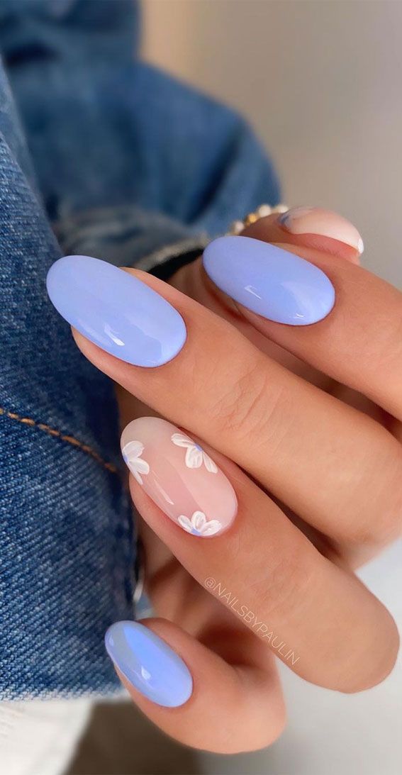Sheer Pink with Purple Floral French Tips — Pastel Oval Nails 2027