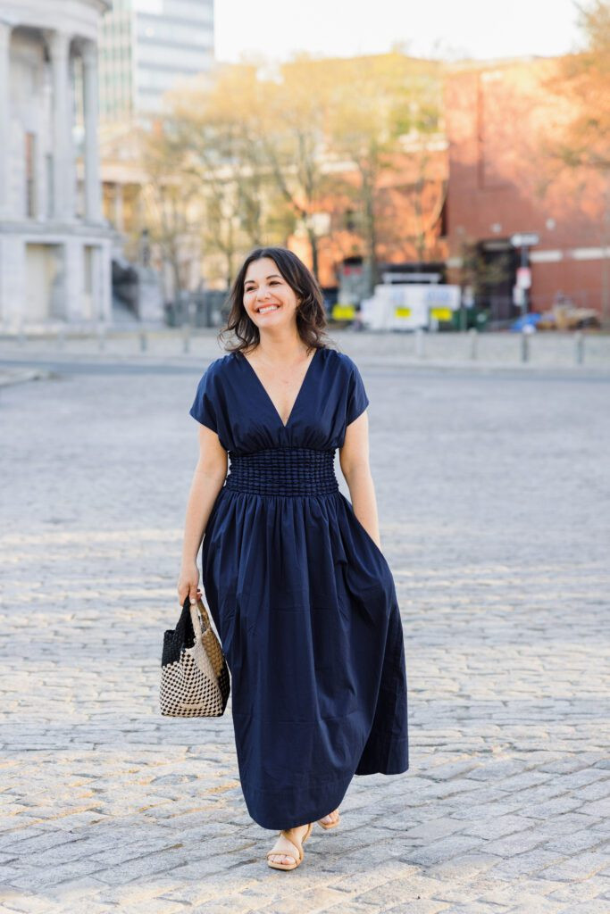 Navy Blue V-Neck Midi with Smocked Waist Navy Blue V-Neck Midi with Smocked Waist — Formal Dresses 2027 for Nursing Moms