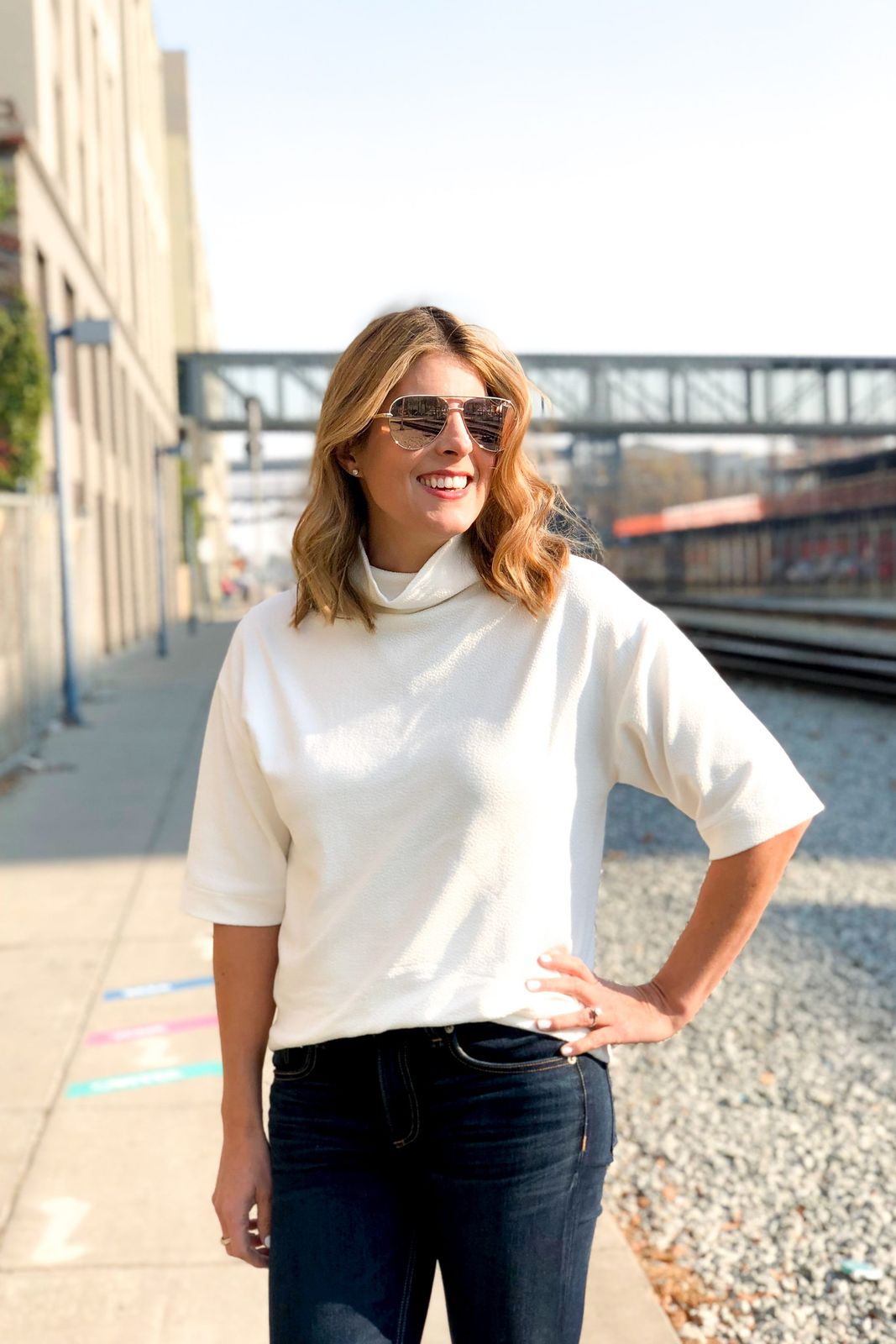 Three-Quarter White Textured Short-Sleeve Turtleneck Top — Turtleneck Outfits 2027