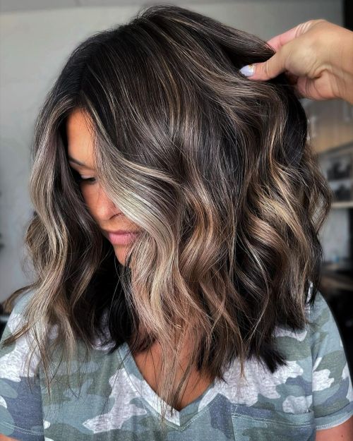 Dark Brown Lob With Caramel And Ash Blonde Highlights Dark Brown Lob With Caramel And Ash Blonde Highlights — Fall Hair Colors 2026