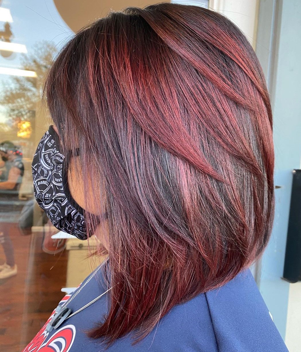 Dark Brown Bob with Red and Pink Highlights — Hair Color 2027 for Women Over 60