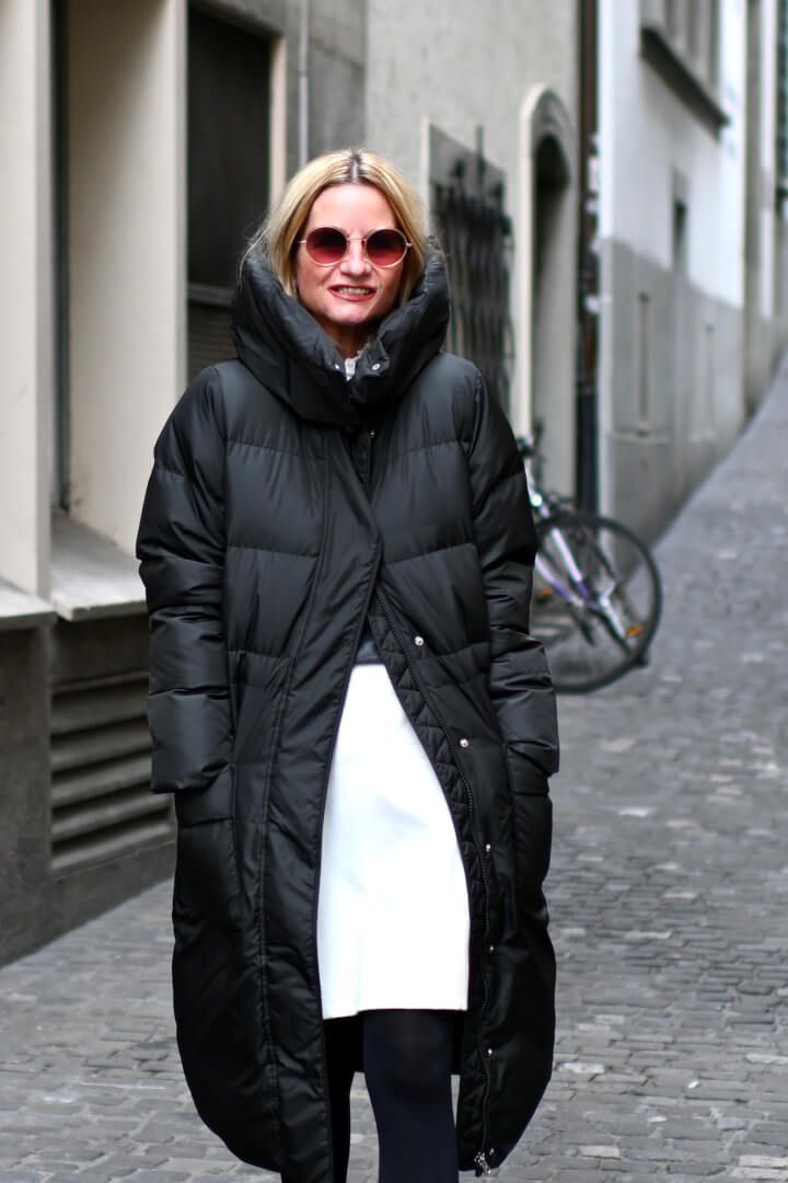 Dramatic Collar Puffer Coat with A-line Skirt — Winter Puffer Jacket Outfits 2027
