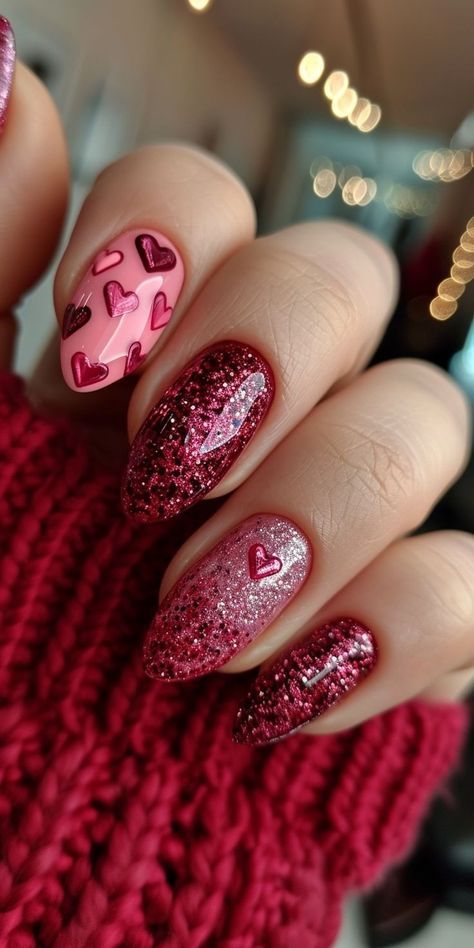 Pink and Red Glitter Mix with Heart Decals Pink and Red Glitter Mix with Heart Decals — Pink and Red Nails 2027