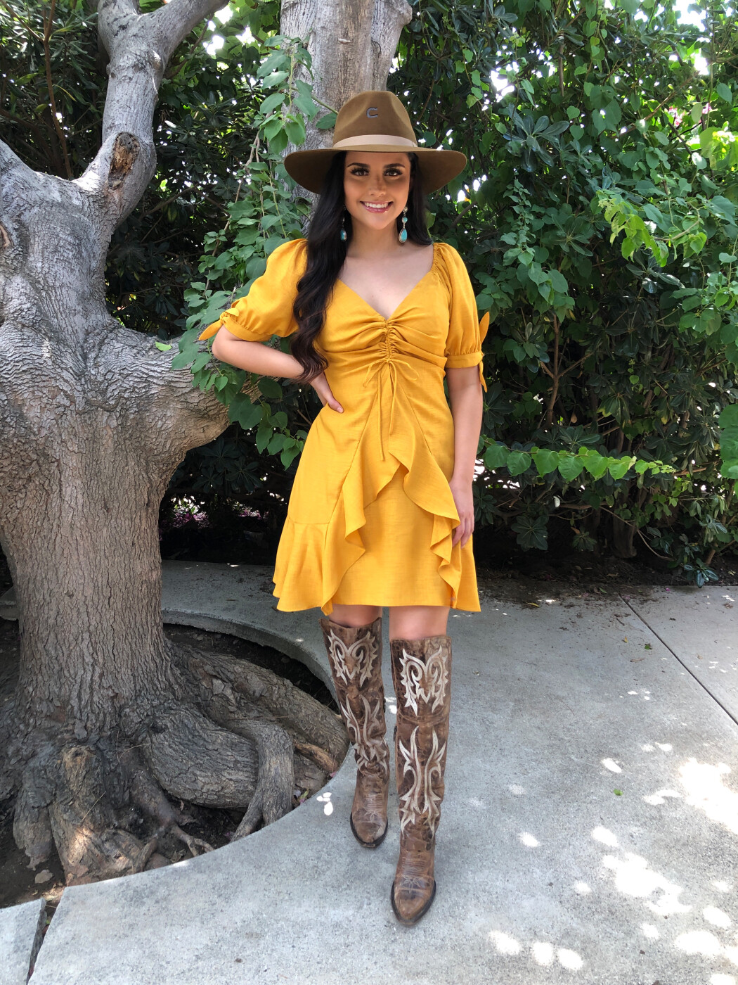 Playful Mustard Yellow Mini Dress with Cowboy Boots and Fedora — Mustard Outfits 2027