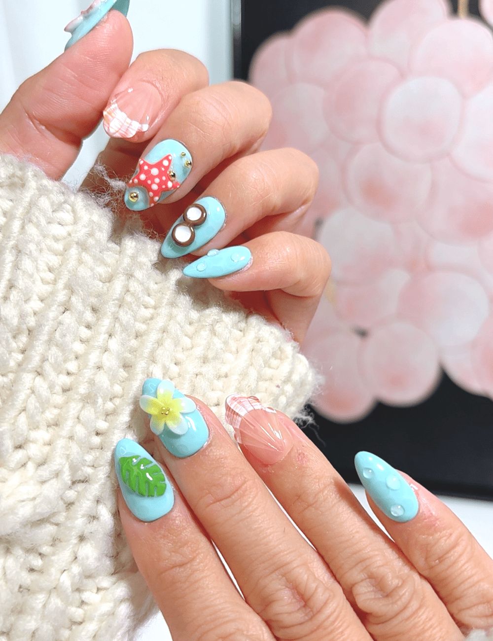 Light Blue Pink Tropical Almond Nails Light Blue Pink Tropical Almond Nails — Bahamas Nails 2027