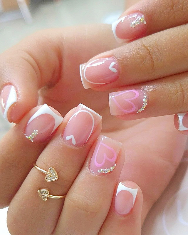 Short Square French with Pink Hearts and Rhinestones Short Square French with Pink Hearts and Rhinestones — Wedding Square Nails 2027