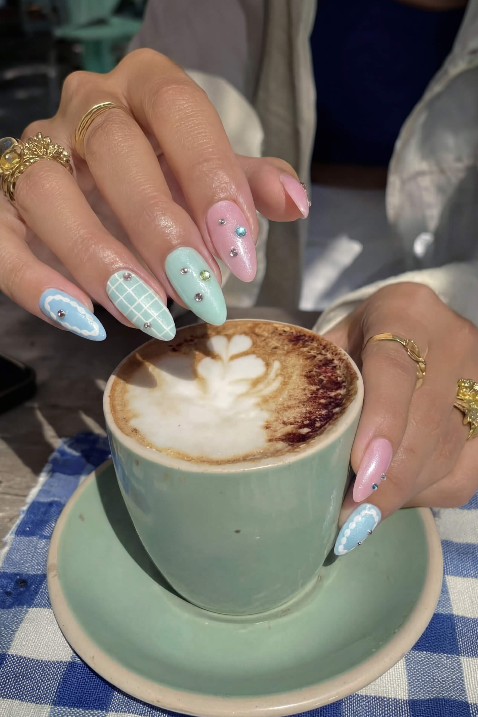 Playful Pastel Grid and Cloud Almonds Playful Pastel Grid and Cloud Almonds — Pastel Almond Nails 2027
