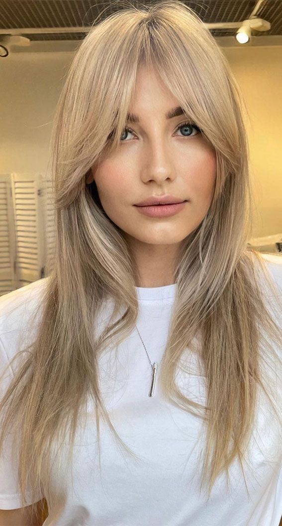 Beige Blonde Layers With Curtain Bangs — This Image Features A Woman With Long Beige Blonde Layers With Curtain Bangs — This Image Features A Woman With Long — Bangs 2027 for Women Over 50