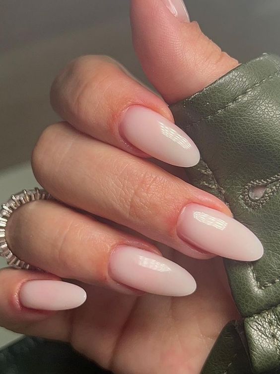Milky Sheer Nude Glossy Short Almonds Milky Sheer Nude Glossy Short Almonds — Nails 2027 for Black Dress