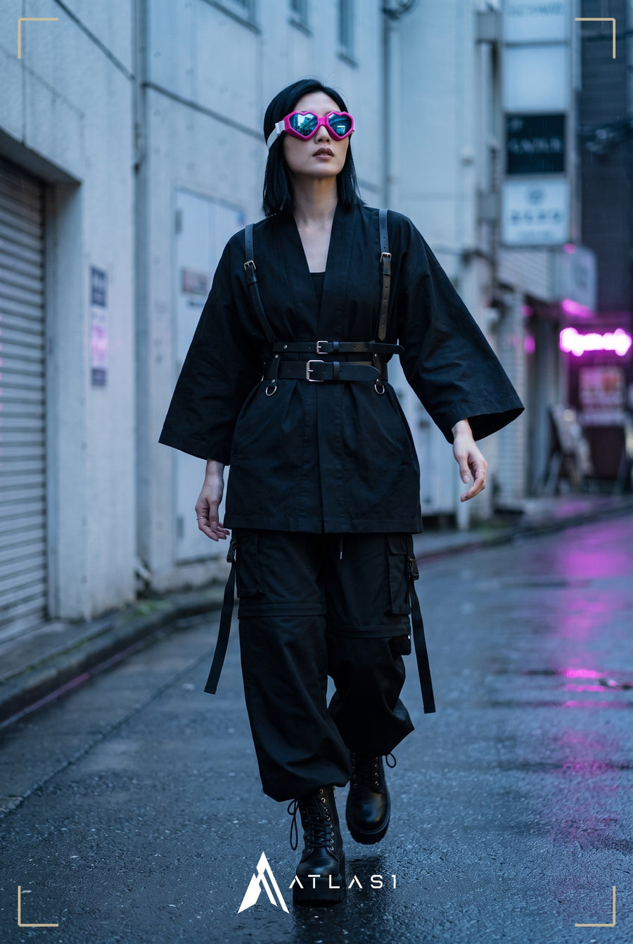 Utilitarian Cool: Kimono Jacket and Harness Detail Utilitarian Cool: Kimono Jacket and Harness Detail — Streetwear Outfits 2027