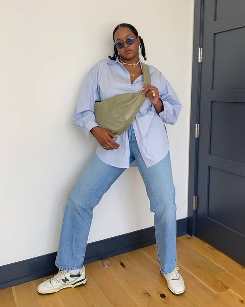 Light Blue Oversized Shirt with Wide-Leg Jeans and Sneakers — Oversized Shirt Outfits 2027