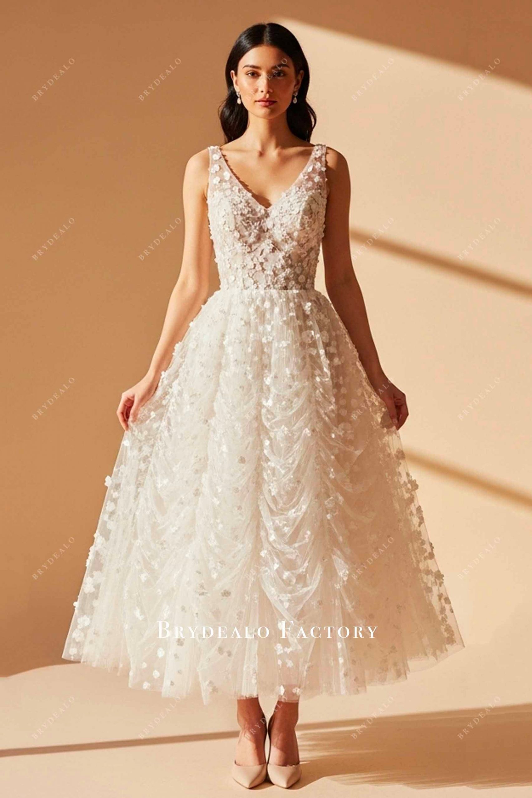 Enchanting White Tea-Length Dress with Floral Appliqués — Bridal Shower Dresses 2027