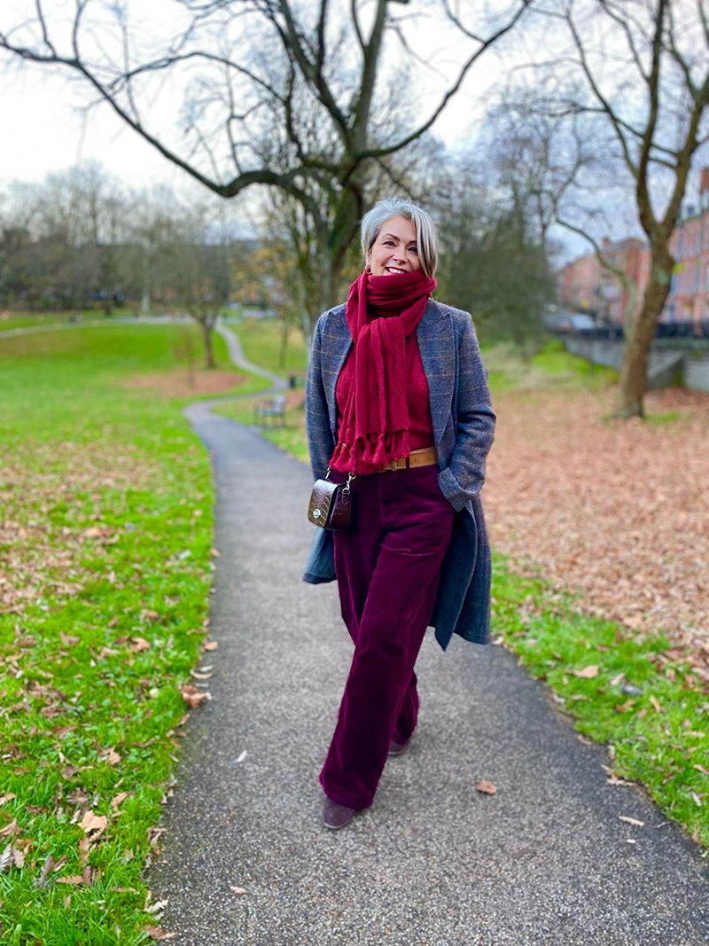 Burgundy Corduroy Pants with a Patterned Coat Burgundy Corduroy Pants with a Patterned Coat — Winter Outfits Warm Climate 2027