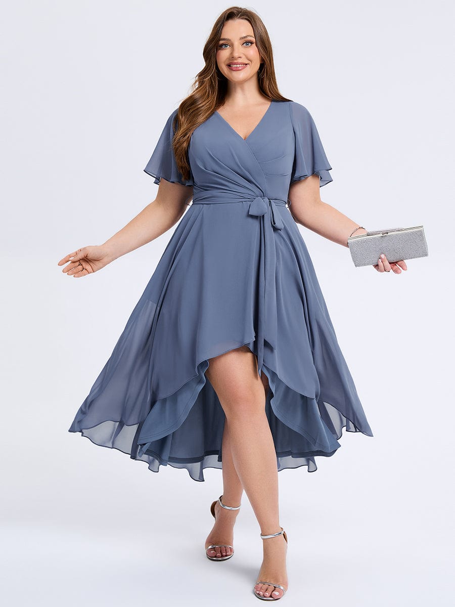 Dusty Blue Chiffon Wrap Dress with High-Low Hem Dusty Blue Chiffon Wrap Dress with High-Low Hem — Plus Size Wedding Guest Outfits 2027