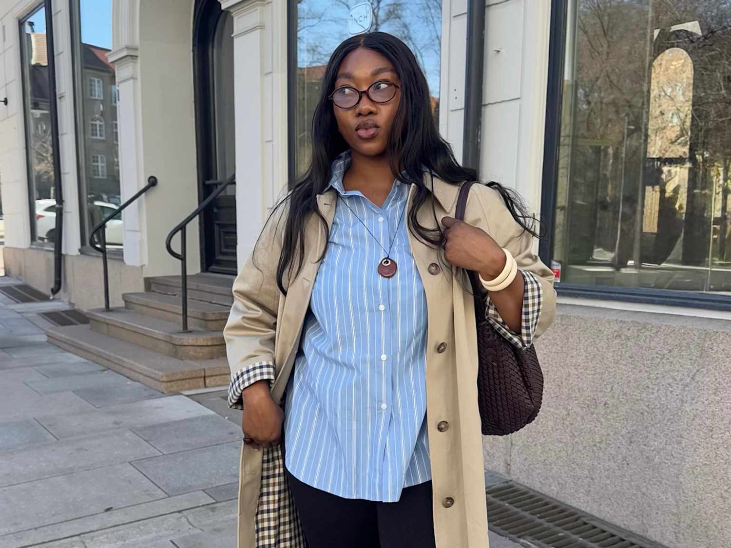 Casual Spring Beige Trench Coat with Striped Shirt and Black Trousers — Beige Spring Outfits 2027