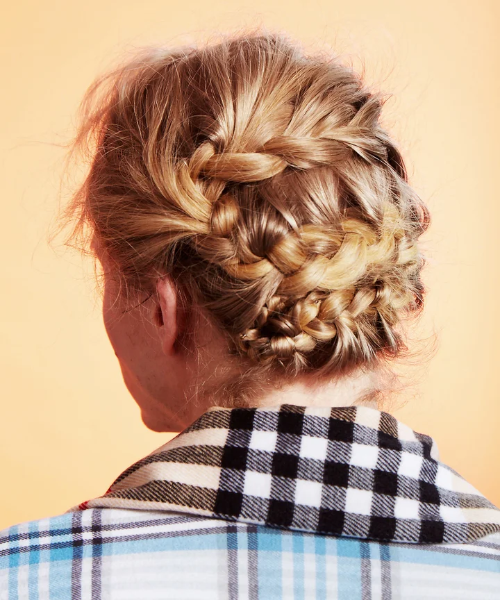 No Bangs Intricate Blonde Braided Updo — Holiday Party Hairstyles 2026