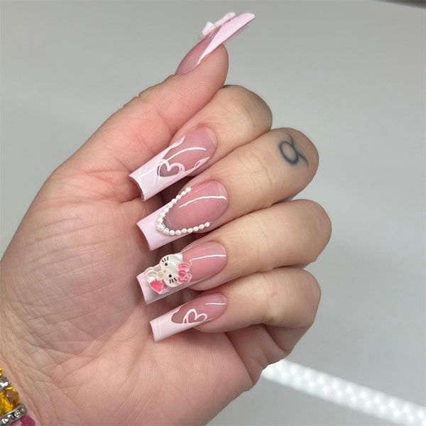 Pale Pink French with 3D Kitty & Pearls Pale Pink French with 3D Kitty & Pearls — French Hello Kitty Nails 2027