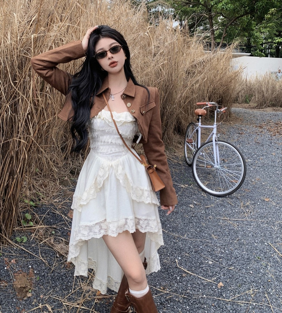 White Tiered Camisole Dress with Cropped Brown Jacket — Fairycore Outfits 2027