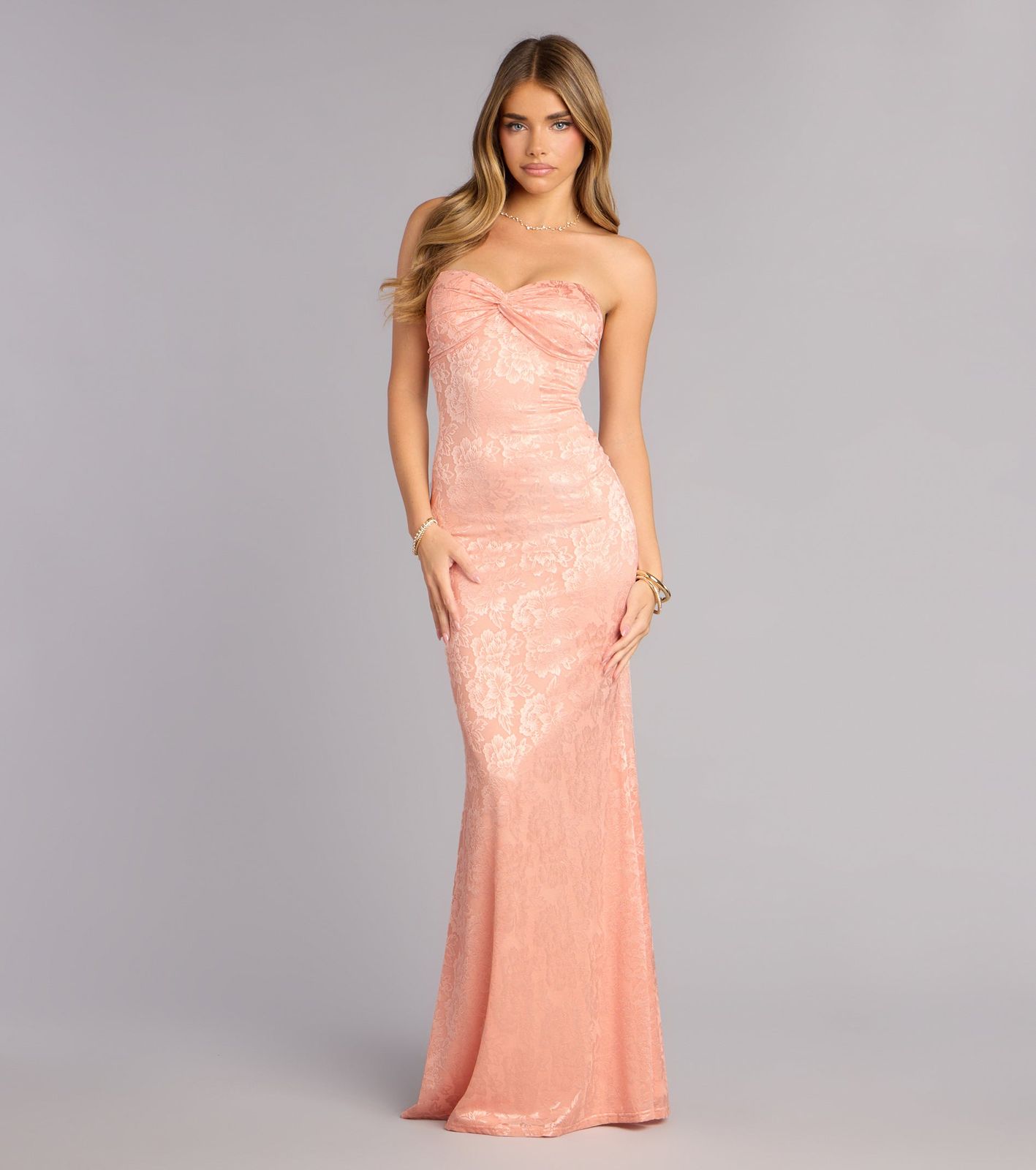 Pale Peach Strapless Lace Mermaid Gown Pale Peach Strapless Lace Mermaid Gown — Sweet 16 Guest Outfits 2027