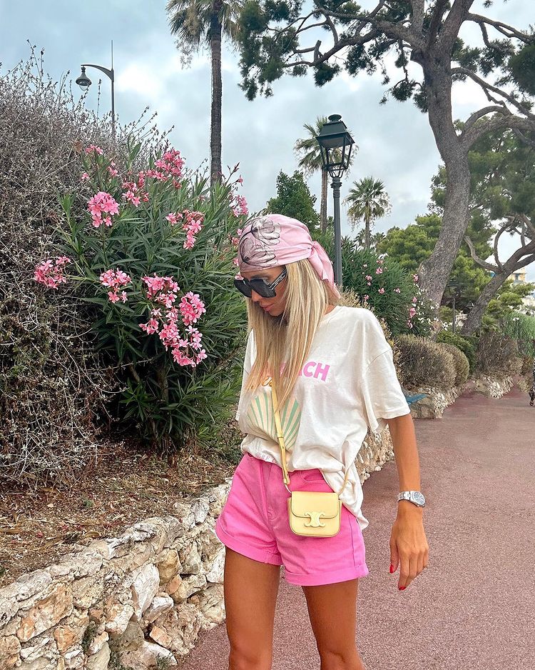 Bright Pink Cotton Shorts with Graphic Tee and Yellow Bag Bright Pink Cotton Shorts with Graphic Tee and Yellow Bag — Summer Outfits 2027 with Shorts