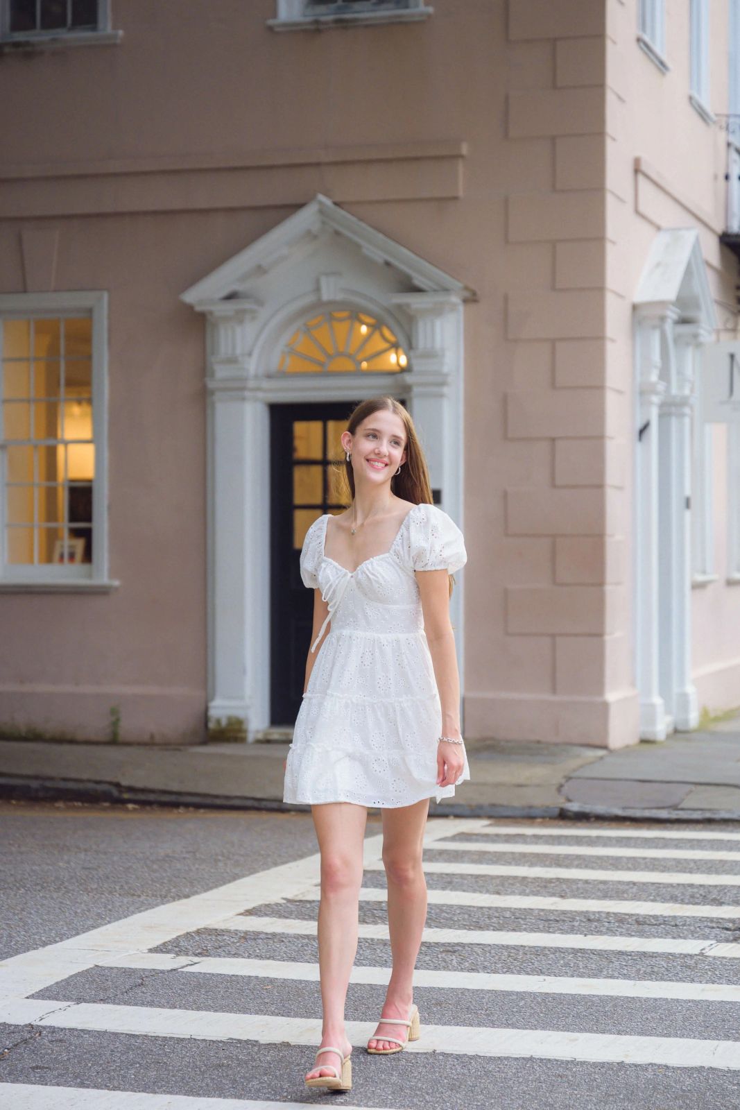 Eyelet Elegance: Puff-Sleeve Mini Dress and Block Heels Eyelet Elegance: Puff-Sleeve Mini Dress and Block Heels — Senior Photo Outfits 2027