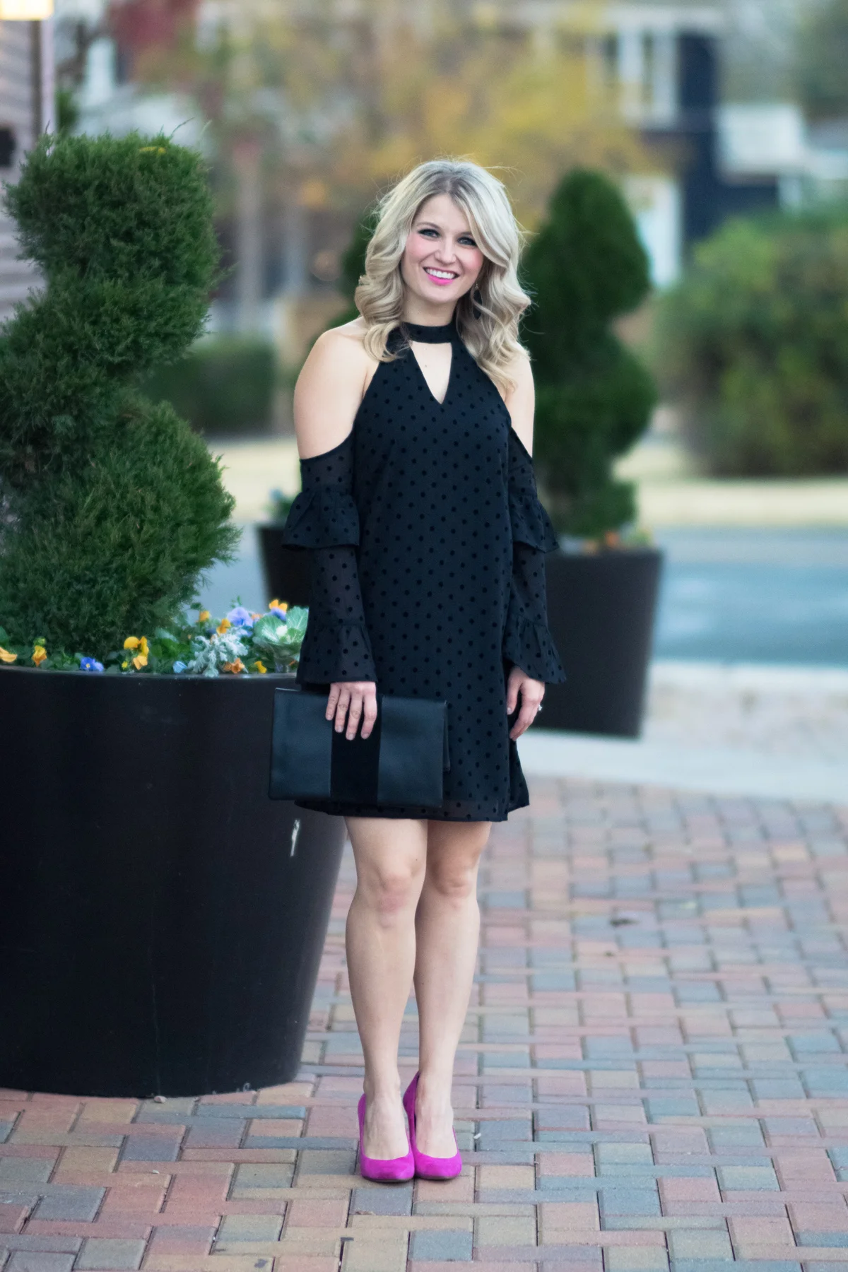 Black Polka Dot Mini Dress with Cold Shoulders and Hot Pink Heels Black Polka Dot Mini Dress with Cold Shoulders and Hot Pink Heels — Little Black Dress Outfits 2027