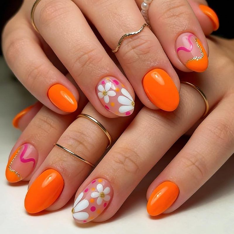 Floral Motifs And Bright Orange Visual Idea Floral Motifs And Bright Orange Visual Idea — Orange Summer Nails 2027