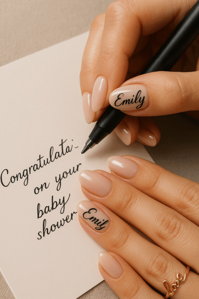 Pale Nude with Personalized Name Text — Baby Shower Nails 2027