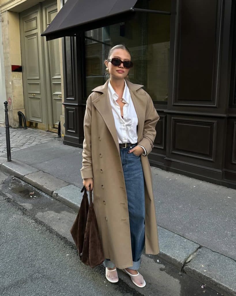 Casual Everyday Beige Trench Coat with White Top and Wide-Leg Jeans — Beige Spring Outfits 2027