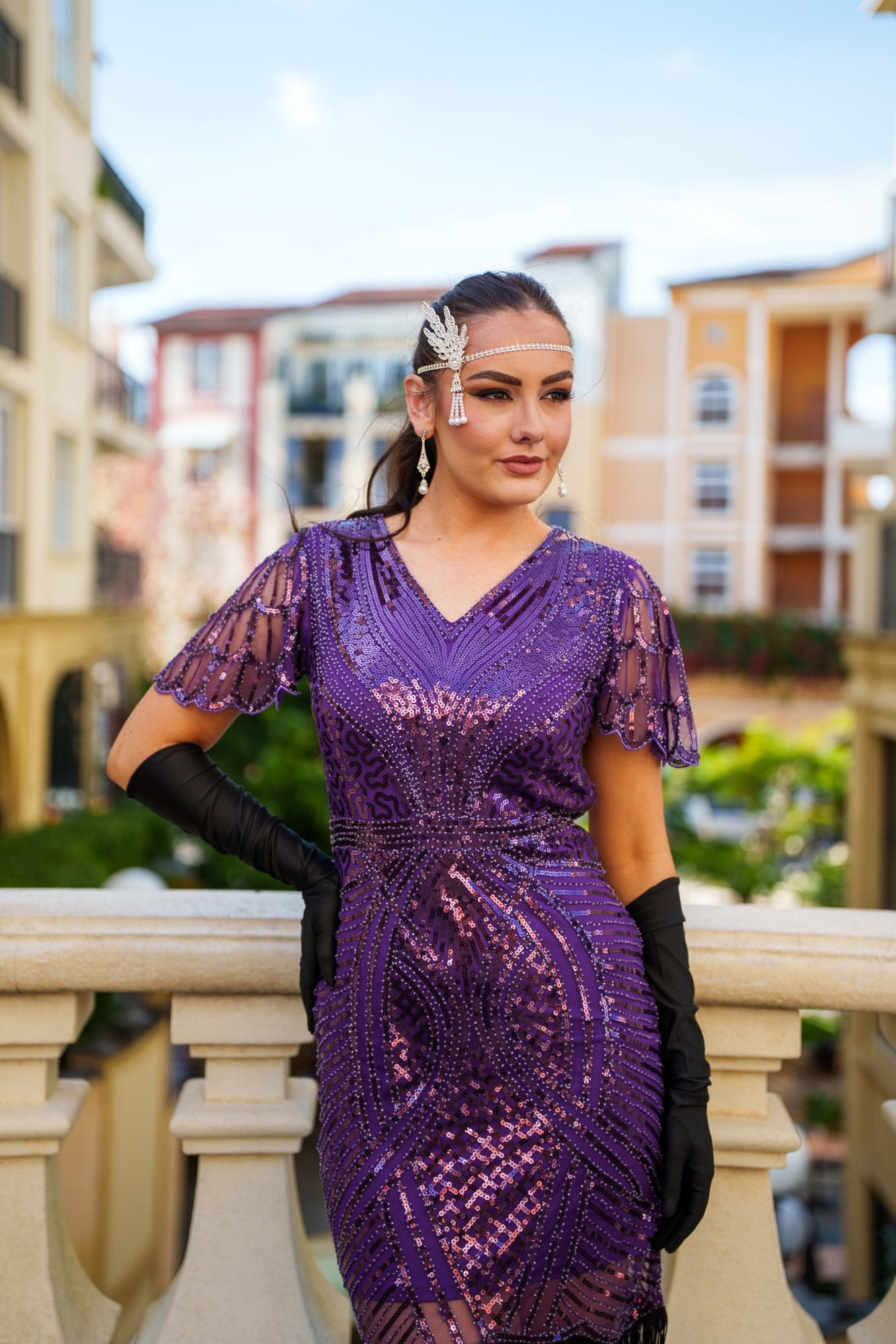 Purple Sequined Short-Sleeve Dress with Jeweled Headband — Gatsby Outfits 2027