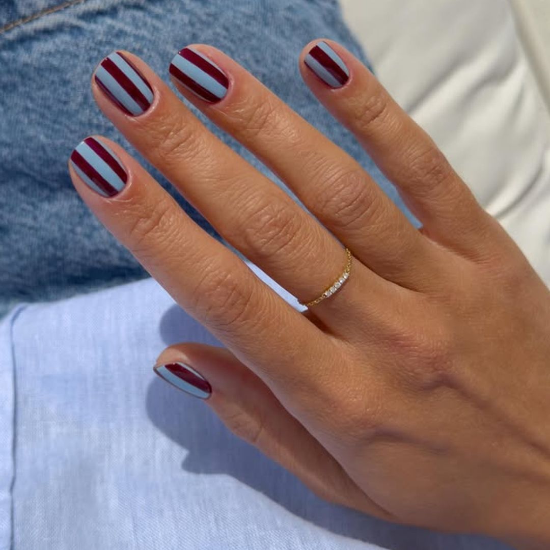 Burgundy Light Blue Stripes Short Square Nails Burgundy Light Blue Stripes Short Square Nails — Nails 2027 for Short Fingers