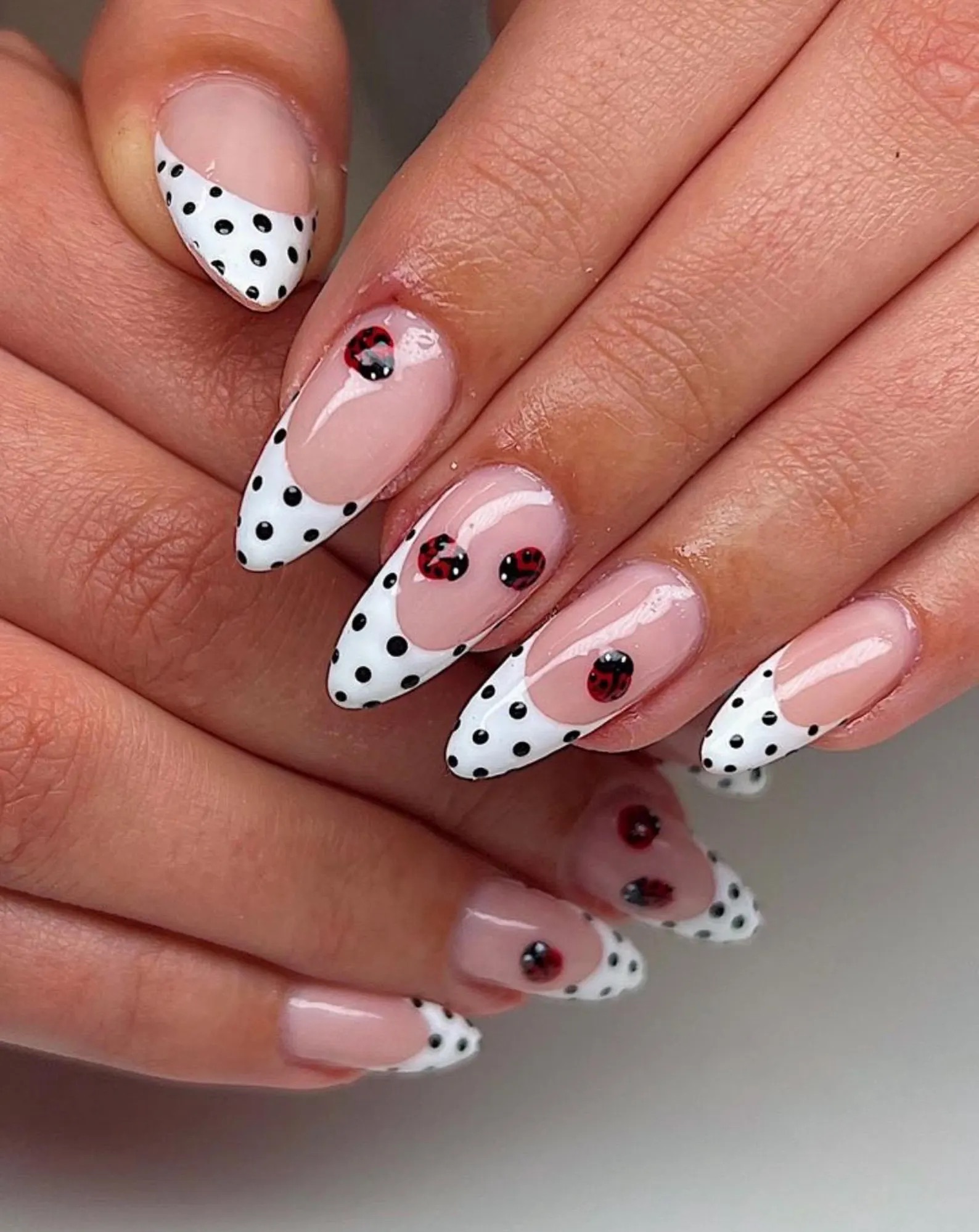 Both Hands Medium Almond French Tips with Ladybugs and Dots Both Hands Medium Almond French Tips with Ladybugs and Dots — Polka Dot Nails 2027