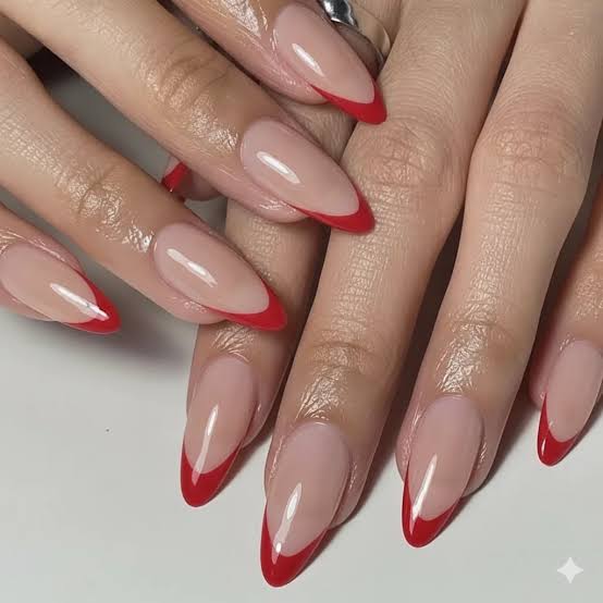 Milky Pink Base with Vibrant Red French Milky Pink Base with Vibrant Red French — Pink and Red Nails 2027